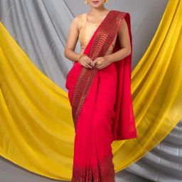 MAHALASA Pink & Brown Embellished Saree With Unstitched Blouse-image-1