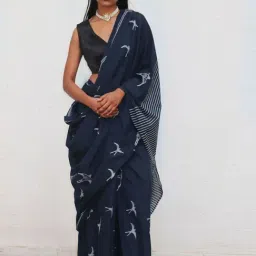 Chidiyaa Blue Fly Me to the Moon Indigo Bird Hand Blockprinted Cotton Saree-picture-21
