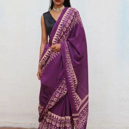 Chidiyaa Purple Fly Me to the Moon Eloise Hand Blockprinted Cotton Saree-image-20