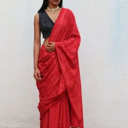 Chidiyaa Red Fly Me to the Moon Colossus Handblockprinted Cotton Saree-image-20