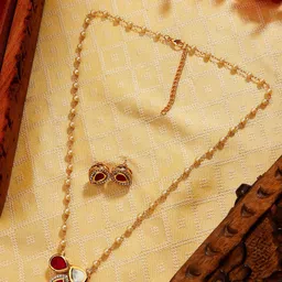 AARSEE OFFICIAL Anti-Tarnish 22KT Gold-Plated 3 petal Pink Pearl chain Necklace set-picture-38