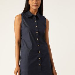 VARUSHKA Navy Blue Pure Cotton Solid Shirt Collar Mini Dress-image-33