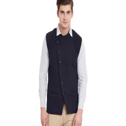 Hypernation Navy Blue Slim Fit Cotton Waistcoat-17