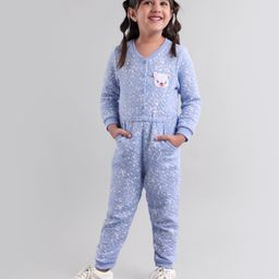 Babyoye Cotton Full Sleeves Eco Conscious Printed Jumpsuit Bear Face Applique- Blue-image-23