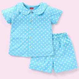 Babyhug Cotton Half Sleeves Night Suit Polka Dot Print - Blue-image-51