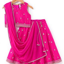Babyhug Sleeveless Lehenga Choli And Dupatta Set With Floral Embroidered - Hot Pink-image-75