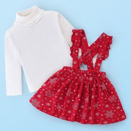 Babyhug Cotton Knit Full Sleeves Skivi Top and Skirt with Suspenders Snow Flake Print - White & Red-image-11