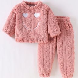 Kookie Kids Full Sleeves Winter Night Suit with Heart Embroidery   - Pink-picture-17