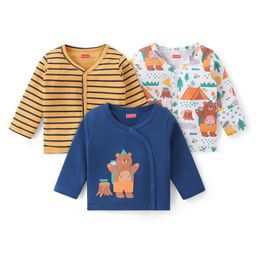 Babyhug 100% Interlock Cotton Knit Full Sleeves Front Open Vests with Stripes & Bear Print Pack of 3 - Yellow Blue & White-image-84