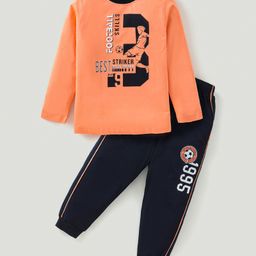 Smarty Boys Cotton Knit Full Sleeves T-Shirt & Lounge Pants Set With Football Print - Dark Peach-image-76