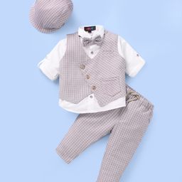 Robo Fry Lycra Knit Full Sleeves Checkered 3 Piece Party Suit with Hat & Bow - Light Grey-image-85