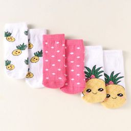 Cute Walk by Babyhug Knit Ankle Length Anti-Bacterial Socks with Polka Dot & Pineapple Design Pack of 3 - White & Dark Pink-image-91