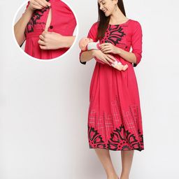 Dummy Shape Three Fourth Sleeves Floral Printed Flared Maternity Kurta With Concealed Zipper Nursing Access - Pink-32