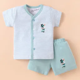 Little Darlings Interlock Knit Half Sleeves Shorts Night Suit with Bunny Print & Stripes - Turquoise-picture-38