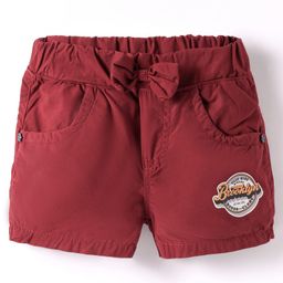 Olio Kids Cotton Knit Above Knee Length Shorts with Text Print & Bow Applique - Maroon-image-34