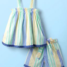 Dew Drops Poplin Woven Sleeveless Striped Top & Shorts Set with Fabric Belt & Lace Detailing - Light Green-image-97