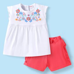 Babyhug Single Jersey Frill Sleeves Top & Short Set With Floral Print - Pink & White-image-91
