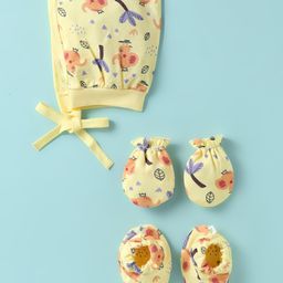 Child World Single Jersey Knit Cap Mitten & Booties Set with Elephant Print Yellow - Diameter 18 cm-1