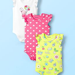 Babyoye 100% Cotton Knit Frill Sleeves Eco Jiva Finish Onesies with Hearts Floral & Bunny Print Pack of 3 - Dark Pink White & Light Green-image-51