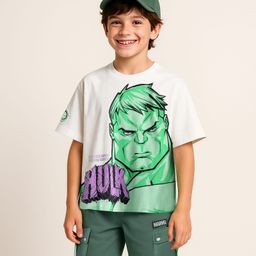 Pine Kids Marvel Single Jersey Knit Half Sleeves Oversize Drop Shoulder T-Shirt & Shorts Set With Avengers Hulk Graphics - White & Olive Green-image-75