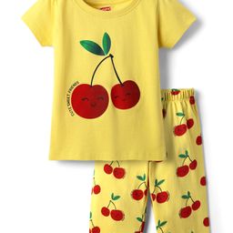Babyhug Cotton Knit Half Sleeves Capri Night Suit with Cherry Print - Yellow-image-54