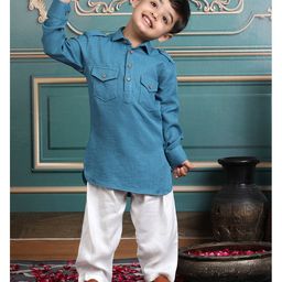 Polka Tots Cotton Full Sleeves Solid Pathani Style Kurta & Pyjama Set - Turquoise-image-74