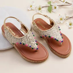 LIL PITAARA Beads & Pom Pom Embellished Glittered Sandals - Tan-picture-39