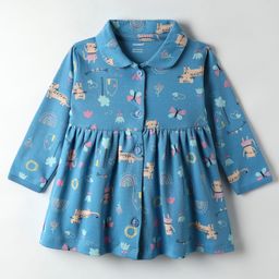 CUCUMBER Sinker Knit Full Sleeves Animal Printed Shirt Dress With Collar Neck - Blue-image-71