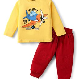 Doodle Poodle 100% Cotton Knit Full Sleeves T-Shirt & Lounge Pant Set with Airplane Print - Yellow & Red-picture-20