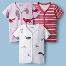 Kookie Kids India 100% Cotton Half Sleeves Front Open Jhablas With Stripes Animals & Sea Life Print Pack Of 3 - White Pink & Red-image-105