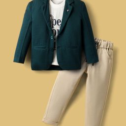 Rikidoos Open Your Mind Text Printed Tee & Pant With Full Sleeves Textured Blazer Set - Peacock & Beige-image-51
