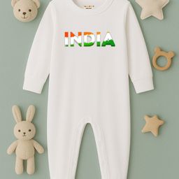 BLUSHES 100% Cotton Knit Independence Day Theme Full Sleeves India Text Printed Romper - White-image-20