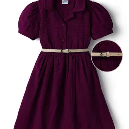 Hola Bonita Woven Texture Half Sleeve Texture Solid Frock with Belt - Wine-picture-11