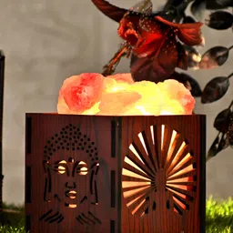 GLOBAL AROMA Basket Rock Salt Brown Wooden Buddha Face Square Table Lamp-13