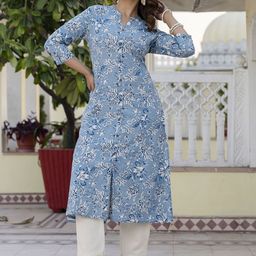 Pistaa Floral Printed Mandarin Collar Pure Cotton A-Line Kurta With Trousers-picture-43