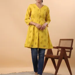 KALINI Embroidered V-Neck Pure Cotton Kurti-image-85