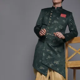 Manyavar Men Green & Beige Floral Printed Sherwani and Patiala Set-image-82
