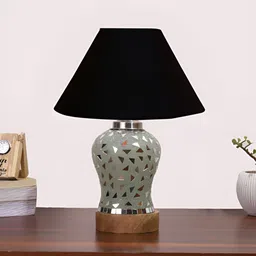 Devansh Black Textured Frusturical Shaped Wooden Table Lamp & Mosaic Glass-36