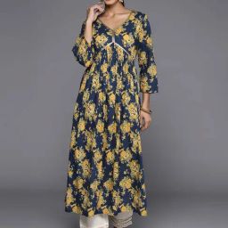 Varanga Navy Cotton Floral Print Straight Kurta-image-32
