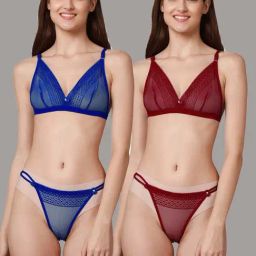AROUSY Maroon & Blue Self Pattern Bra Panty Set - Pack Of 2-image-60