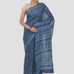 Kalakari India Blue Cotton Printed Saree With Unstitched Blouse-image-68