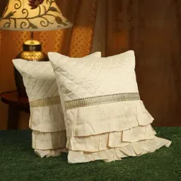 HOSTA HOMES Beige & Gold Poly Satin Cushion Covers - Set of 2-image-8