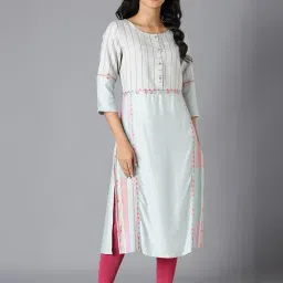 W Women Blue Geometric Print Cotton Blend Straight Kurta-image-67