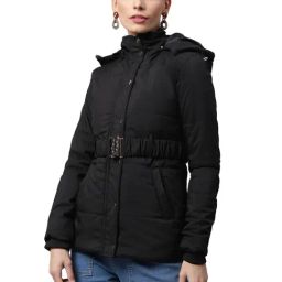 Global Republic Black Slim Fit Detachable Hood Puffer Jacket-image-35