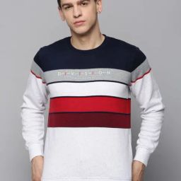 SHOW OFF Off White & Blue Cotton Regular Fit Striped Sweatshirt-image-38