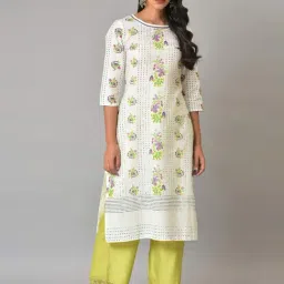 W Women White Floral Print Cotton Blend Straight Kurta-picture-22