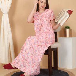 Sweet Dreams Peach Cotton Regular Fit Floral Print Night Dress-image-94