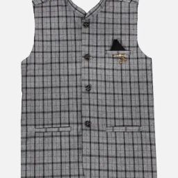 Fourfolds Kids Grey Checks Regular Fit Waistcoat-image-86