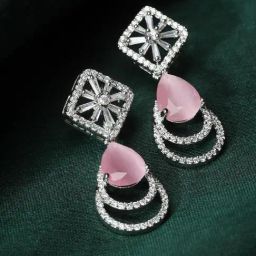 Zeneme Rhodium Plated Teardrop Shaped Pink AD Studded Drop Earrings-41