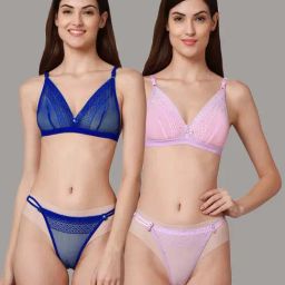 AROUSY Pink & Blue Self Pattern Bra Panty Set - Pack Of 2-image-76